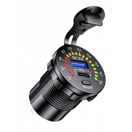 Врезная быстрая зарядка Type-C / USB QC 3.0 с вольтметром (12–24 В)